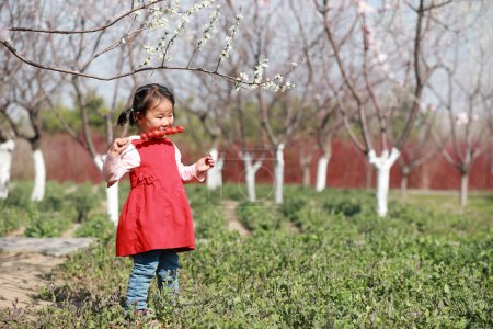 Photo for LUANNAN COUNTY, Hebei Province, China - March 22, 2020: A little girl is playing in the lawn. - Royalty Free Image