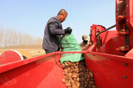 Foto de CONDADO DE LUANNAN, provincia de Hebei, China - 7 de abril de 2020: Los agricultores agregan semillas de taro a la sembradora en el campo. - Imagen libre de derechos