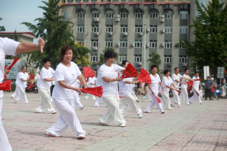 Téléchargez les photos : COMTÉ DE LUANNAN, Province du Hebei, Chine - 8 août 2020 : Les gens pratiquent les fans de Tai Chi sur la place - en image libre de droit