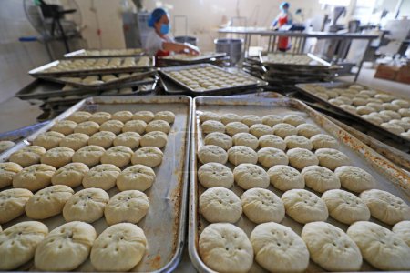 Photo for Well placed moon cakes in a food processing plant, North China - Royalty Free Image