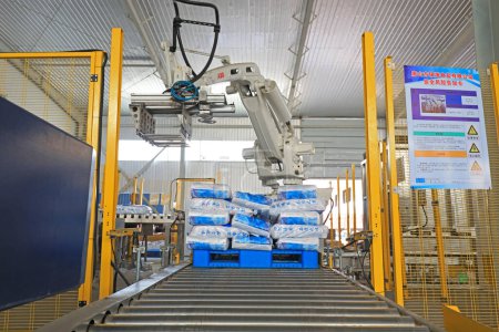 Téléchargez les photos : COMTÉ DE LUANNAN, province du Hebei, Chine - 15 octobre 2020 : Des robots intelligents sont occupés dans la chaîne de production d'emballages en sel, en Chine du Nord - en image libre de droit