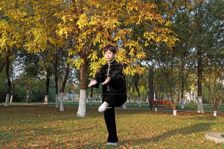 Téléchargez les photos : COMTÉ DE LUANNAN, Province du Hebei, Chine - 18 octobre 2020 : Les gens pratiquent le Taijiquan dans les bois - en image libre de droit