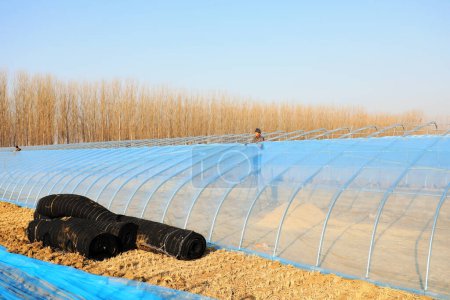 Foto de CONDADO DE LUANNAN, China - 10 de diciembre de 2020: los agricultores están construyendo invernaderos de alto nivel en una granja, condado de LUANNAN, provincia de Hebei, China - Imagen libre de derechos