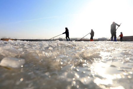 Foto de LUANNAN COUNTY, Hebei Province, China - 22 de enero de 2021: Los agricultores utilizan postes largos para apoyar el deslizamiento de hielo del río que se mueve en el río, fotos aéreas. - Imagen libre de derechos