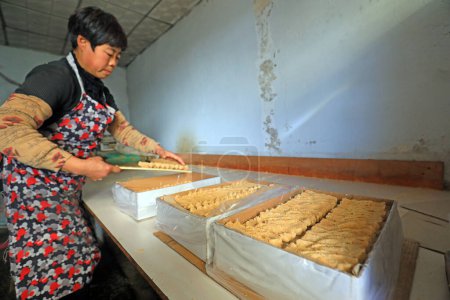 Foto de CONDADO DE LUANNAN, provincia de Hebei, China - 26 de enero: Los hogares de procesamiento están empacando caramelos crujientes de maní en un taller familiar. - Imagen libre de derechos