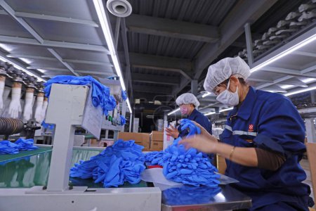 Foto de CONDADO DE LUANNAN - 2 de febrero de 2020: trabajadoras ocupadas en la línea de producción de guantes protectores de nitrilo, condado de LUANNAN, provincia de Hebei, China - Imagen libre de derechos