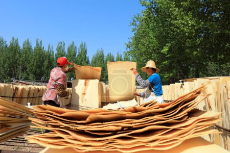 Téléchargez les photos : COMTÉ DE LUANNAN, province du Hebei, Chine - 27 avril 2020 : Des travailleurs travaillent dans une usine de transformation du bois. - en image libre de droit