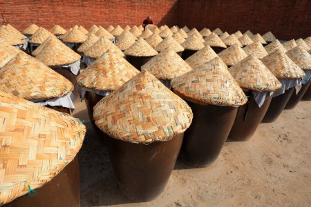 Container mit mariniertem Garnelenöl stapeln sich im Hof, North Chin