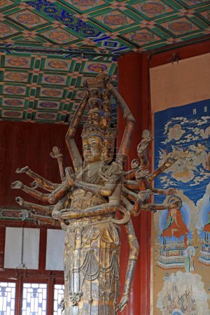 Beijing, China - October 6, 2020: Thousand handed Avalokitesvara in the Buddhist Pavilion of the summer palace in Beijing