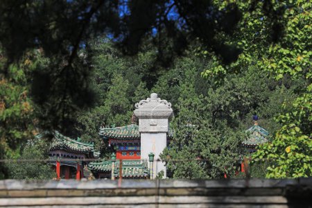 Beijing, China - October 6, 2020: Ancient Chinese steles in the summer palace in Beijing