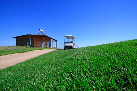golf course landscape and battery cart, closeup of photo