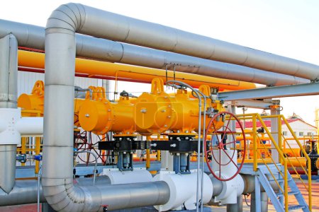 Oil refinery pipeline facilities closeup of photo