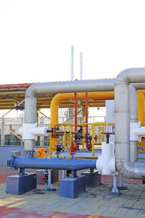 Oil refinery pipeline facilities closeup of photo
