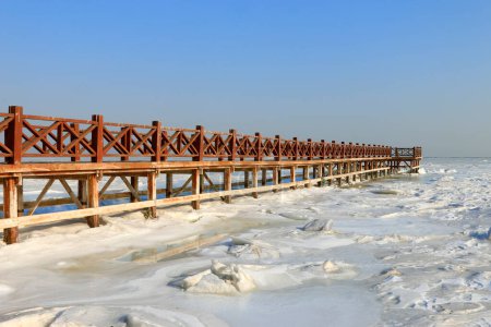 Seebrücke im Schnee Nahaufnahme von Foto