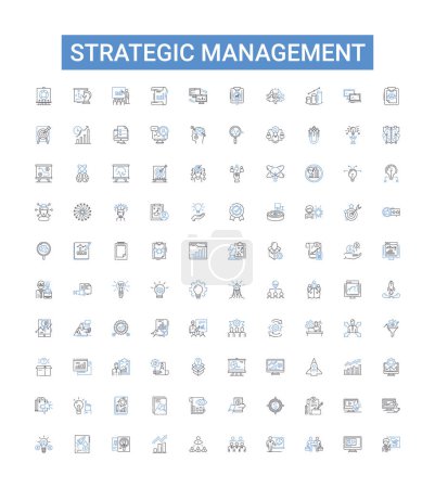Illustration for Strategic management line icons collection. Planning, Decision-making, Organizing, Leadership, Strategy, Analysis, Adaptation vector illustration. Implementation,Forecasting,Evaluation outline signs - Royalty Free Image
