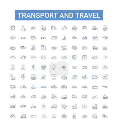 Recogida de iconos de líneas de transporte y viajes. Logística, Aviones, Barcos, Trenes, Carreteras, Ridesharing, Buses vector ilustración. Autos, Taxis, Señales de contorno de taxis