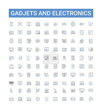 Illustration for Gadjets and electronics line icons collection. Gadgets, Electronics, Technology, Devices, Innovations, Smartphones, Computers vector illustration. Wearables, TVs, Cameras outline signs - Royalty Free Image