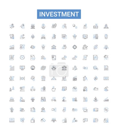 Colección de iconos de línea de inversión. Inversión, Recaudación de Fondos, Activos, Cartera, Capital, Bonos vector ilustración. Futuros, Forex, señales de esquema de comercio