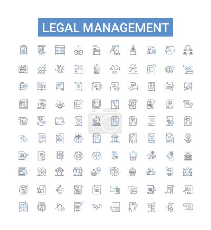 Legal Management Line Icons Sammlung. Recht, Management, Rechtsstreitigkeiten, Compliance, Risiko, Streit, Regulierungsvektorillustration. Anwälte, Anhörungen, Verträge umreißen Zeichen