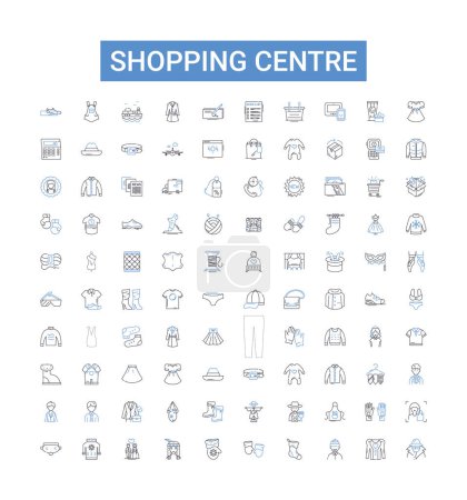 Illustration for Shopping centre line icons collection. Mall, Retail, Shopping, Outlet, Store, Bazaar, Arcade vector illustration. Market, Centre, Plaza outline signs - Royalty Free Image