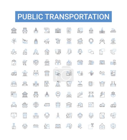Illustration for Public transportation line icons collection. Bus, Train, Metro, Subway, Tram, Ferry, Monorail vector illustration. Cablecar, Taxi, Ride-share outline signs - Royalty Free Image