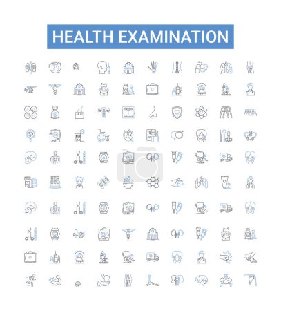 Illustration for Health examination line icons collection. Checkup, Assessment, Clinical, Diagnosis, Screening, Medical, Examination vector illustration. Tests, Laboratory, Ultrasound outline signs - Royalty Free Image