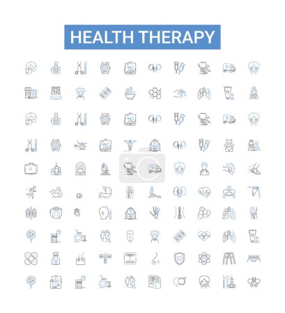 Illustration for Health therapy line icons collection. Therapy, Health, Medical, Mental, Wellness, Care, Treatment vector illustration. Rehabilitation, Physiotherapy, Psychoanalysis outline signs - Royalty Free Image