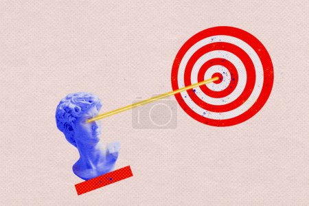 Davids statue looks at the center of the target. The concept is about striving and achieving goals. Business and marketing strategy. High quality photo