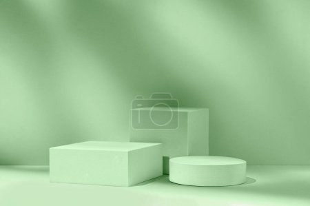 Téléchargez les photos : Background with runway blocks for advertising the product on a green background with shadows and light. High quality photo - en image libre de droit