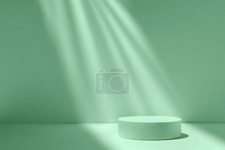 Téléchargez les photos : Podium cylinder in a beam of light on a green background with shadows and light to show the product. High quality photo - en image libre de droit