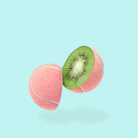 Téléchargez les photos : Une joyeuse balle de tennis rose avec une fente et un kiwi à l'intérieur. Collage minimal suréal dans le style du pop art en tant que concept de nourriture sportive et de fruits sains. Photo de haute qualité - en image libre de droit