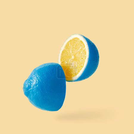 Téléchargez les photos : Citron sureal ludique avec une peau bleue coupée en deux parties de lévitation au-dessus du fond. Un fruit fou. Photo de haute qualité - en image libre de droit