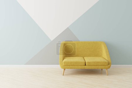 Foto de Sofá amarillo de estilo escandinavo frente a una pared pintada con triángulos. 3D renderizado maqueta. - Imagen libre de derechos