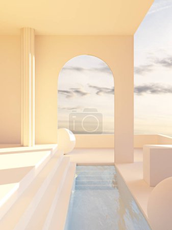 Photo for Abstract surreal interior in monochrome pastel tones with a pool, arc and sky view. 3D illustration. - Royalty Free Image