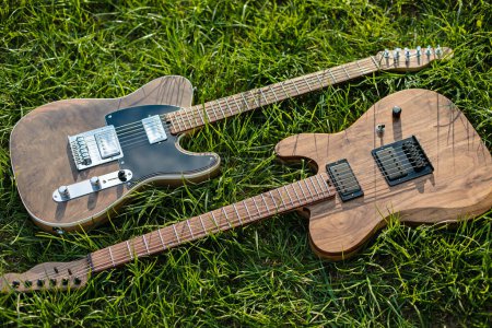 Foto de Las guitarras eléctricas yacen sobre hierba fresca verde a la luz del sol - Imagen libre de derechos