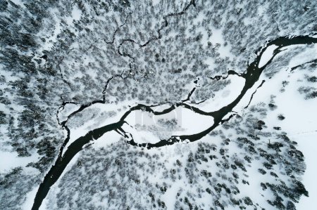Foto de Vista superior de un río de montaña corriendo a través de un bosque de invierno - Imagen libre de derechos