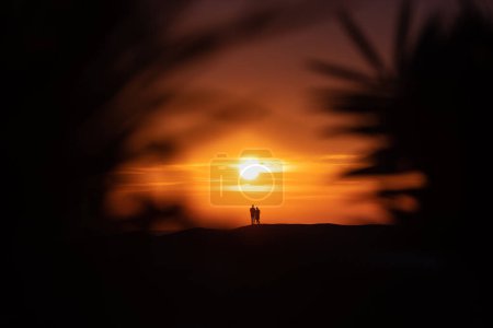 Photo for Silhouette of a couple on a tropical beach at sunset. - Royalty Free Image