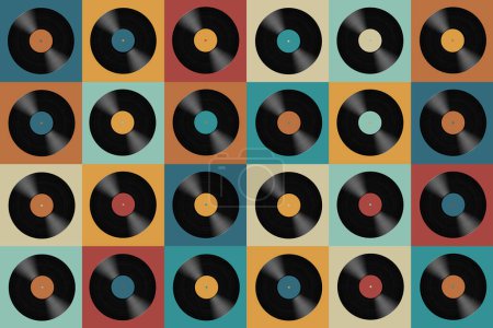Téléchargez les photos : Disques de vinyle vintage rétro avec étiquettes de couleur sur les carrés colorés - en image libre de droit