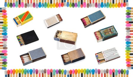 Photo for A collection of matchboxes with a frame made by matchsticks various colors on white background - Royalty Free Image