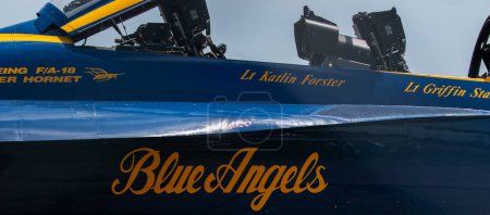 Photo for Farmingdale, New York, USA - 26 May 2022: Looking at Lt Katlin Forster US Navy Blue Angels Jet with its cockpit open at Republic airport on Long Island. - Royalty Free Image