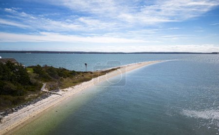 Drone view of Peconic Bay and Great PEconic Bay coming together at Nassau Point off the coast of Long Islands Noth Fork.