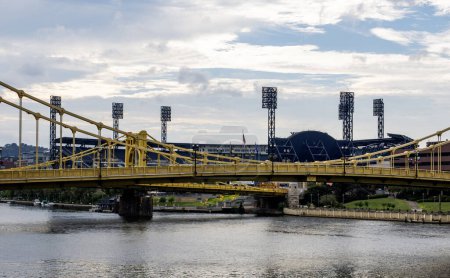 Photo for Pittsburgh, Pennsylvania, USA - 6 August 2023: Looking through the sevent and sixth street bridges at PNC Park - Royalty Free Image