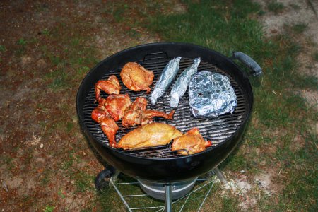 Foto de Mirando hacia abajo en una parrilla de barbacoa con pollo y pescado cocinando en ella - Imagen libre de derechos