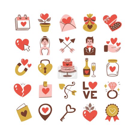 Wedding icon collection. Colorful love symbols, wedding and celebration elements. Perfect for weddings and Valentine's events. 25 Hand drawn clipart isolated on white background. Set 1 of 2.