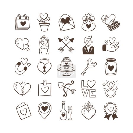 Illustration for Wedding icon collection. Doodle love symbols, wedding and celebration elements. Perfect for weddings and Valentine's events. 25 Hand drawn clipart isolated on white background. Set 1 of 2. - Royalty Free Image