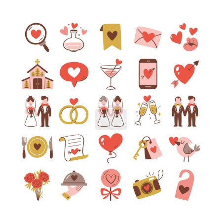 Wedding icon collection. Colorful love symbols, wedding and celebration elements. Perfect for weddings and Valentine's events. 25 Hand drawn clipart isolated on white background. Set 2 of 2.