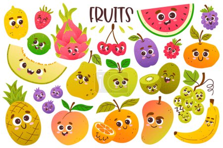 Illustration for Cute fruit collection with cartoon faces. Isolated colorful cliparts. Vector illustration. - Royalty Free Image