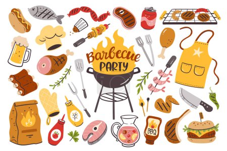 Illustration for Barbecue party background with meat, burgers, sausages and barbecue utensils. Collection of 35 bbq colorful elements isolated on white. Hand-drawn vector illustration - Royalty Free Image
