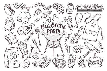 Illustration for Barbecue party background with meat, burgers, sausages and barbecue utensils. Collection of 35 bbq doodle elements isolated on white. Hand-drawn vector illustration. - Royalty Free Image