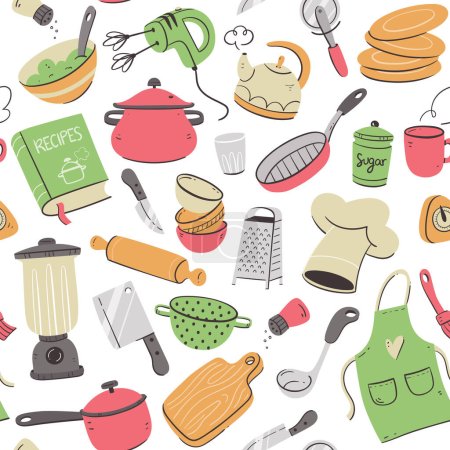 Kitchen tools and appliances seamless pattern. Cute illustration with isolated cooking objects in vector format. Kitchen utensils background.